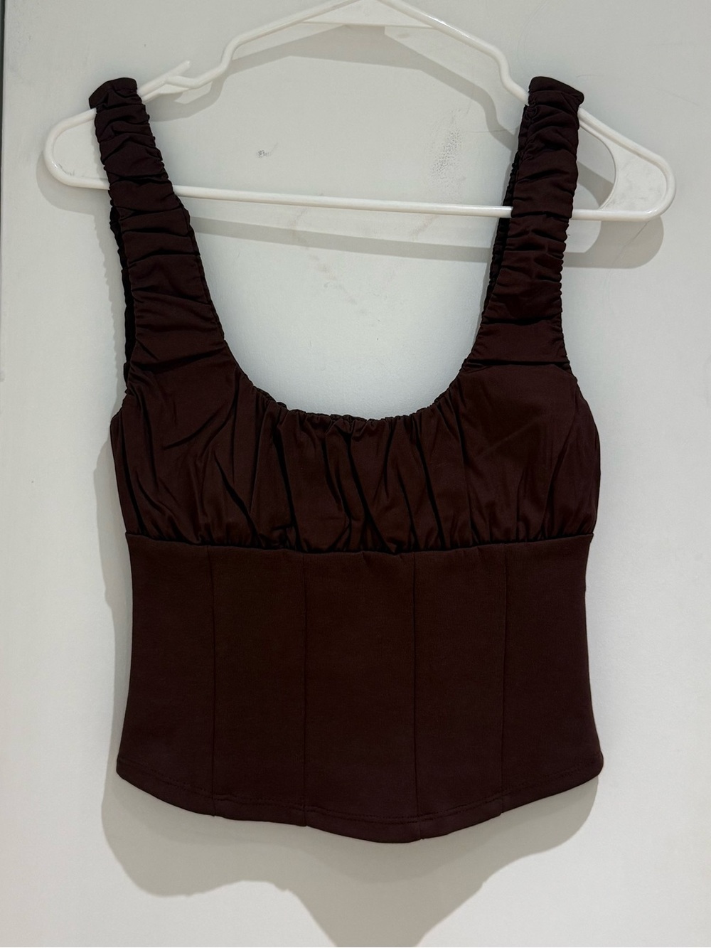 Zara Ruched Square-Neck Crop Top in Dark Brown